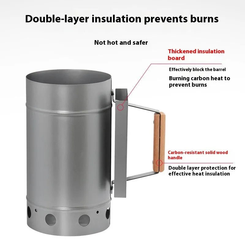 Zinc-iron alloy bamboo charcoal fire barbecue oven igniter with carbon bucket design on a patio.