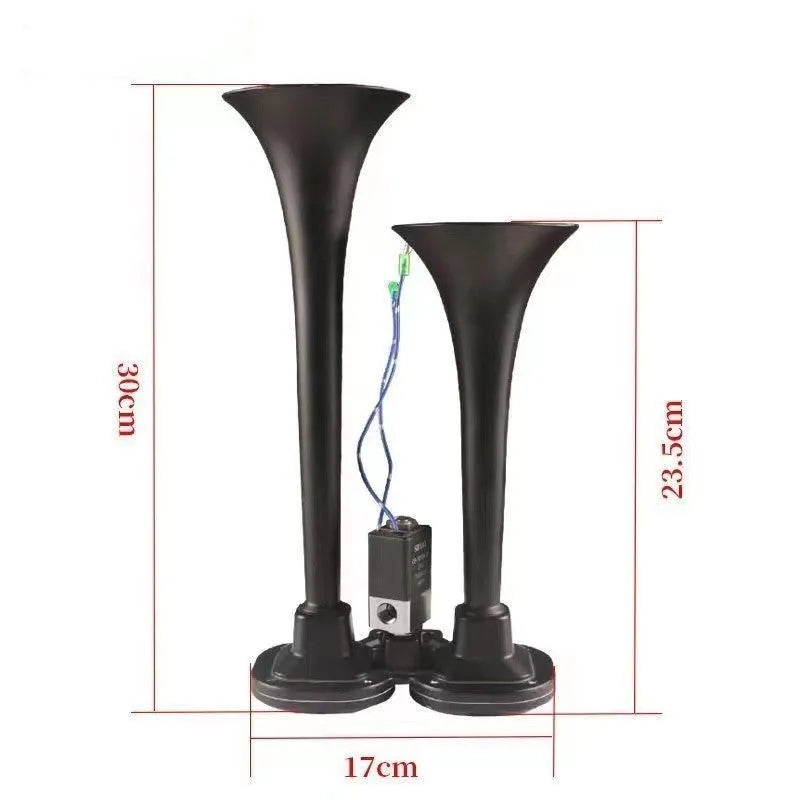 Black dual trumpet air horn and compressor kit for 12V and 24V vehicle installation