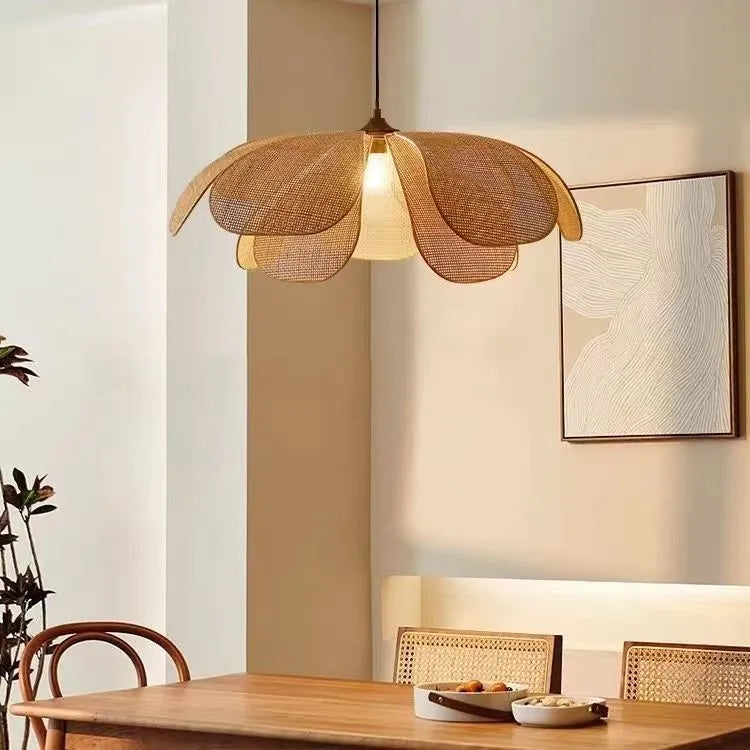 Creative handmade rattan petal chandelier bamboo ceiling lamp with LED light source natural woven design