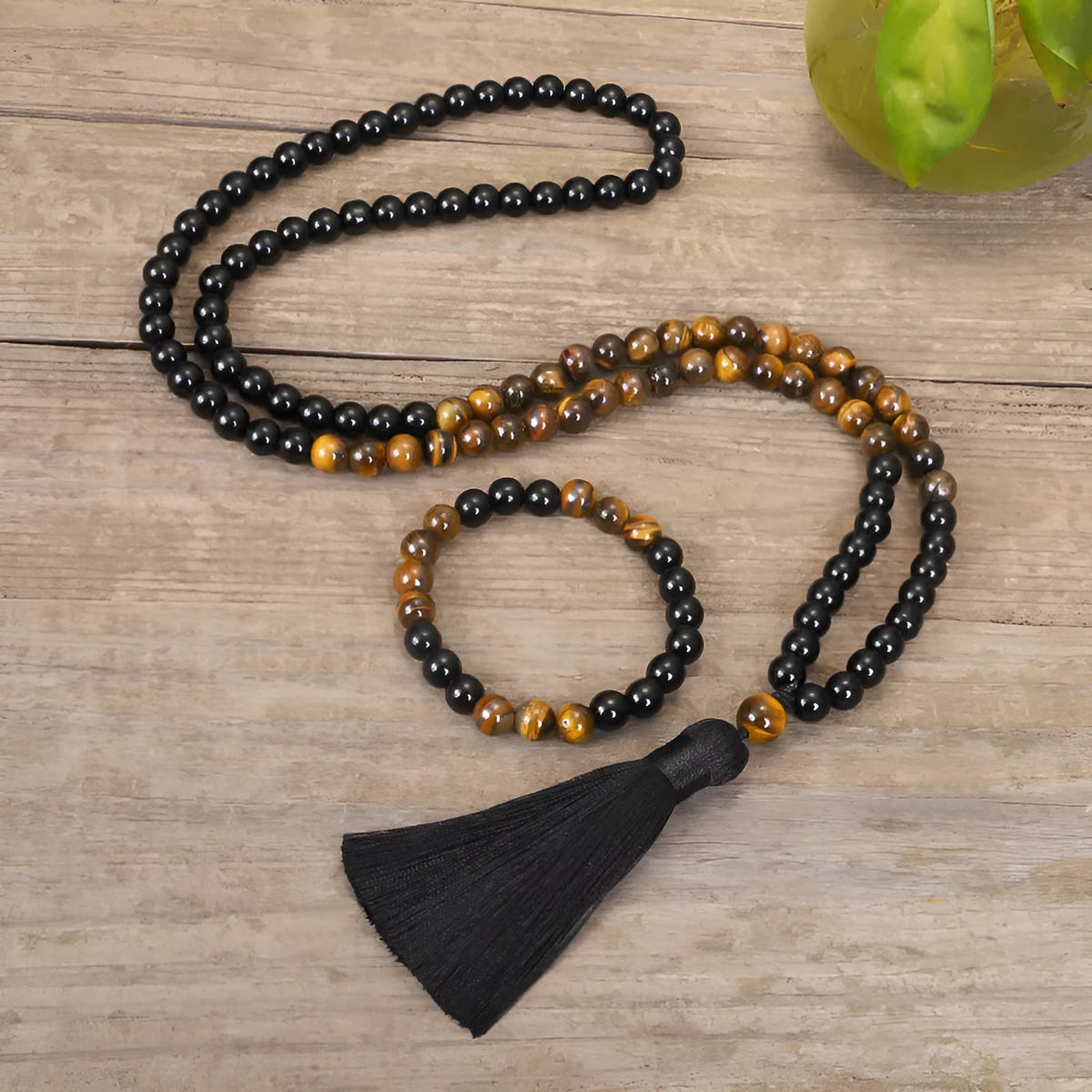 Tiger eye stone tassel pendant on ball bead chain necklace bracelet with drop shape design