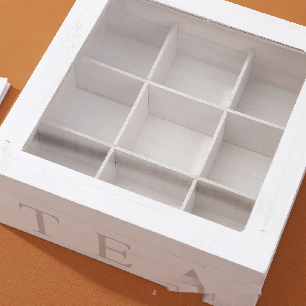 White wooden multi-grid storage box with transparent cover, 23 x 23 x 10 cm, for coffee pods and desktop organisation