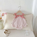 Girls summer jumpsuit in light green or pink, sleeveless cotton triangle romper with ruffle stripes, 66cm to 90cm