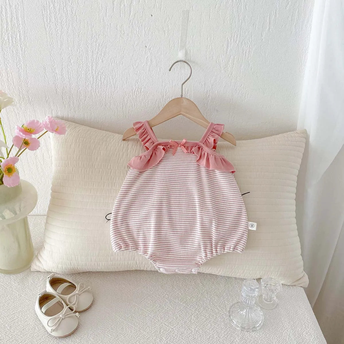 Girls summer jumpsuit in light green or pink, sleeveless cotton triangle romper with ruffle stripes, 66cm to 90cm
