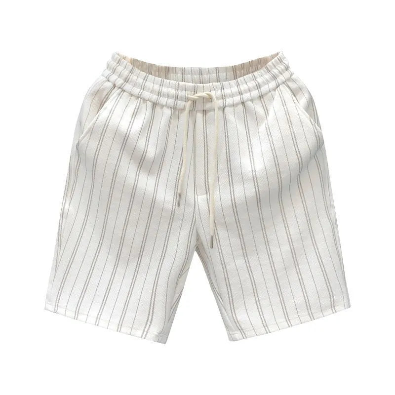 Men's black and white striped casual polyester shorts with an elastic waistband.