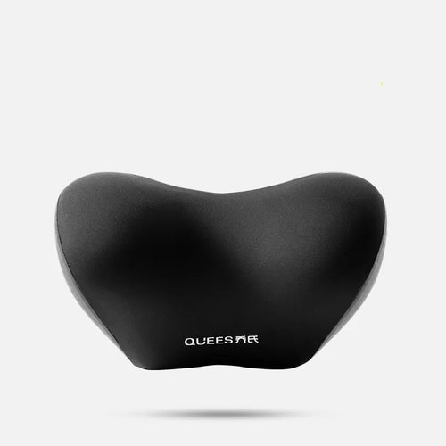 Black and grey memory foam car seat lumbar support pillow and matching headrest cushion on a car seat
