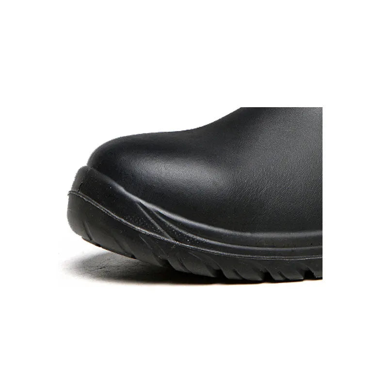 Black leather high-top safety boots with anti-piercing protection shown front and side views