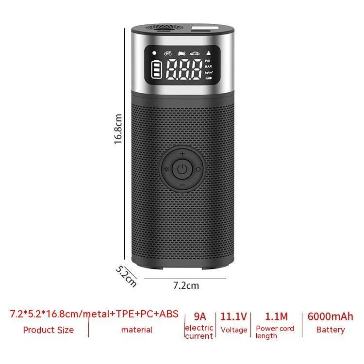Black portable wireless vehicle air pump with metal construction and 15cm inflation tube including multiple nozzle attachments