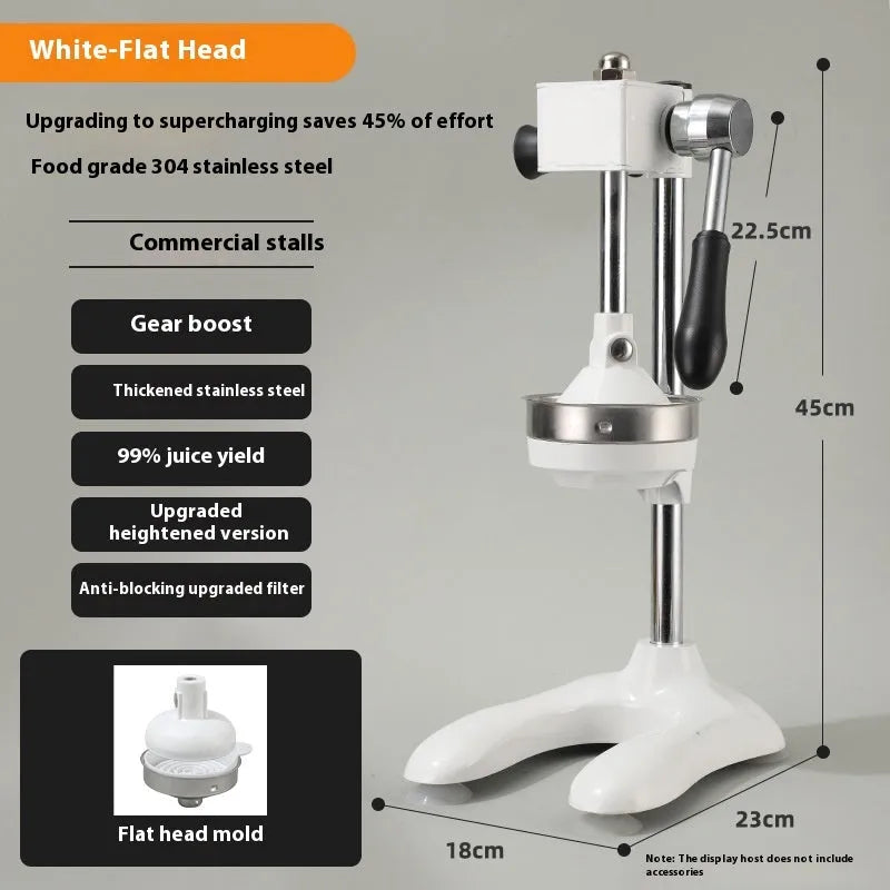 Vertical stainless steel manual citrus juicer shown in selected colour with chosen head style: pointed, flat, or double.