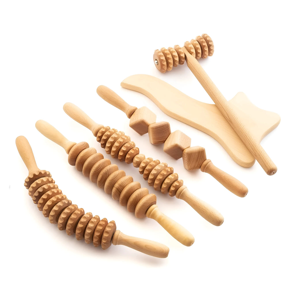 Natural beech wood massage roller set showing multiple shapes including T-type and wheel rollers.