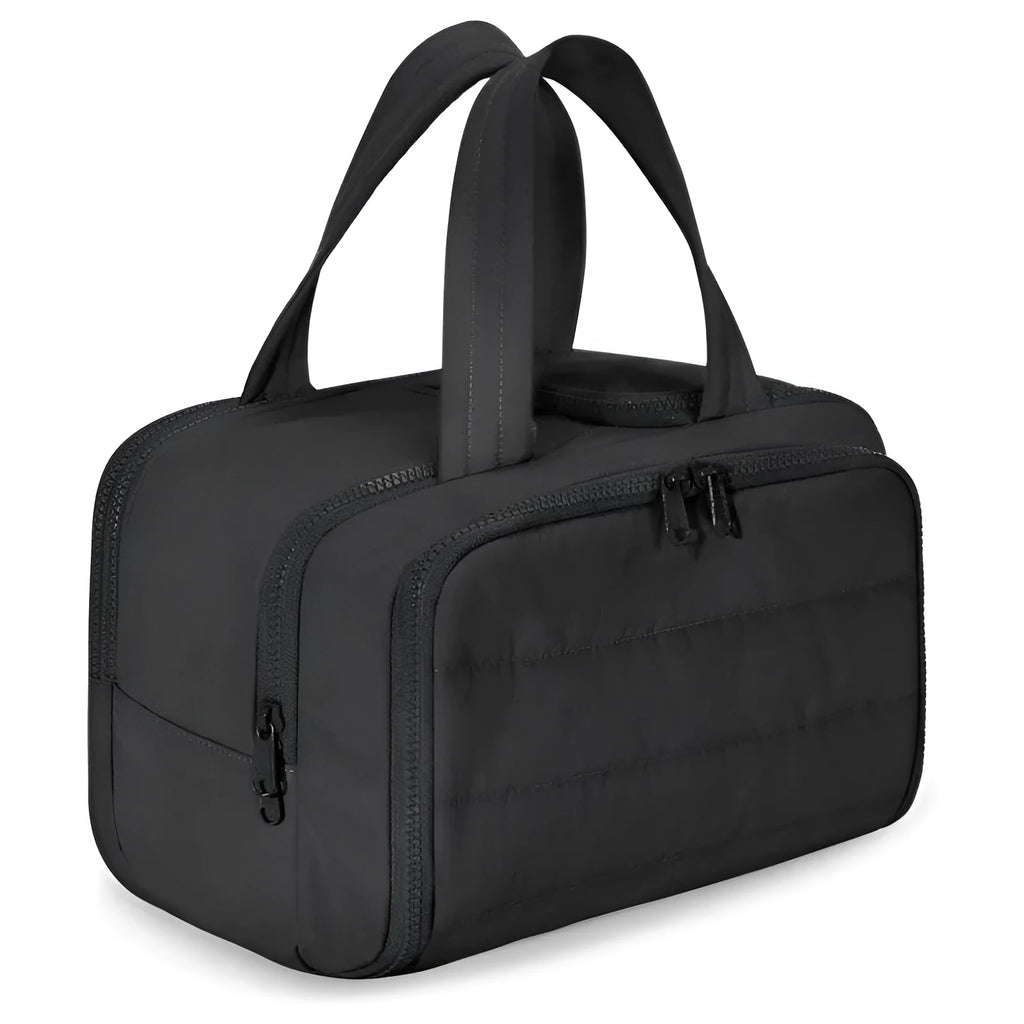 Open large travel toiletry bag in polyester showing wide opening and modern style.