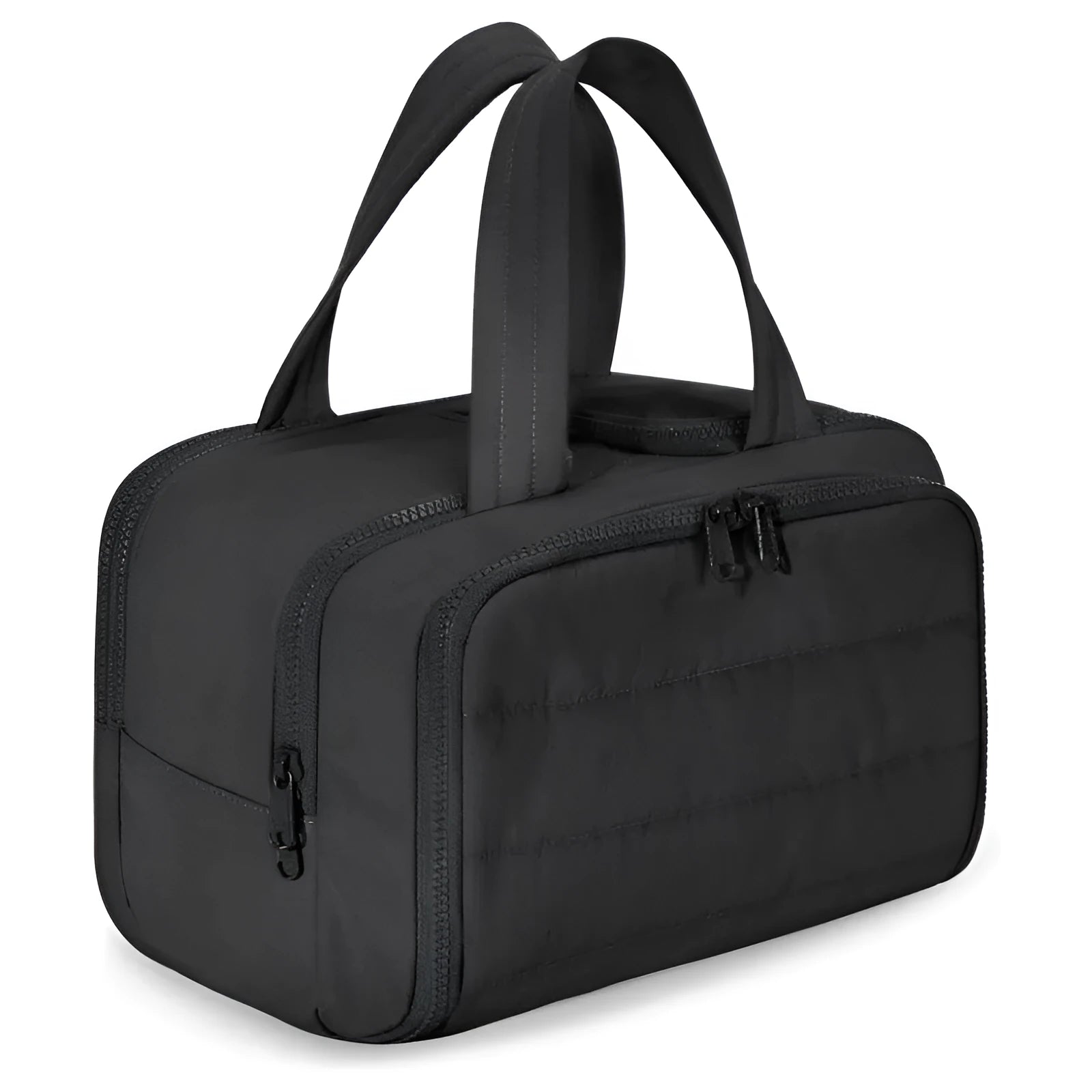 Open large travel toiletry bag in polyester showing wide opening and modern style.