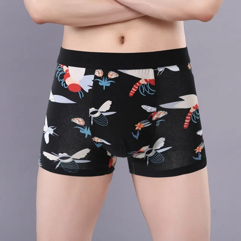 Men's cotton boxer underwear with U-shaped convex design in floral pattern colours