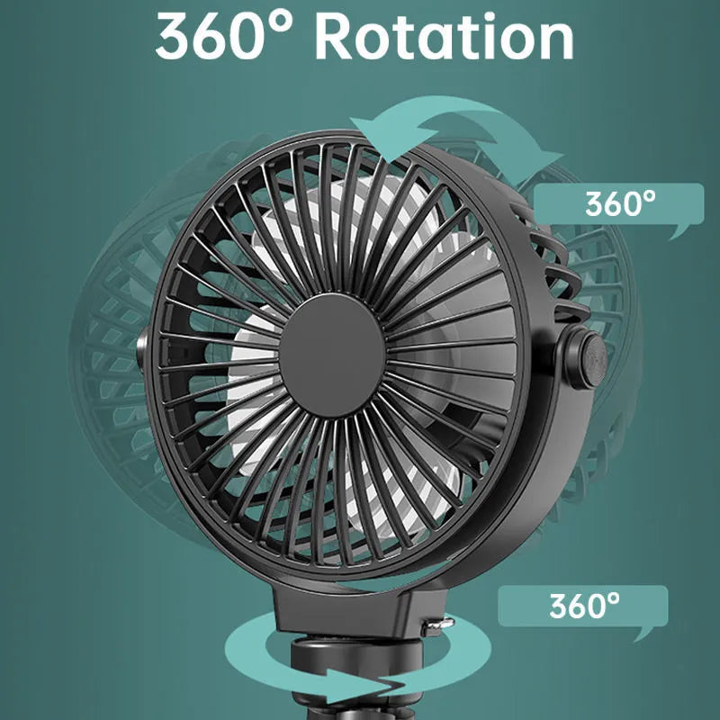 Black flexible tripod clip-on portable fan with 3 speed buttons and rotating head