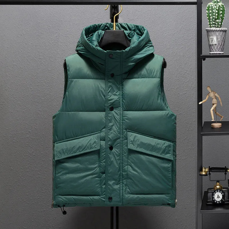 Men's black polyester vest jacket with zip front, regular length 50cm, shown on a hanger.