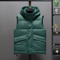 Men's black polyester vest jacket with zip front, regular length 50cm, shown on a hanger.