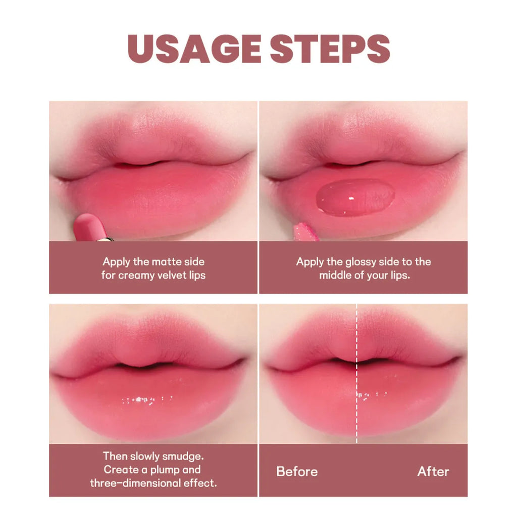 Double-headed lipstick lip gloss with matte finish showing 10 colour options