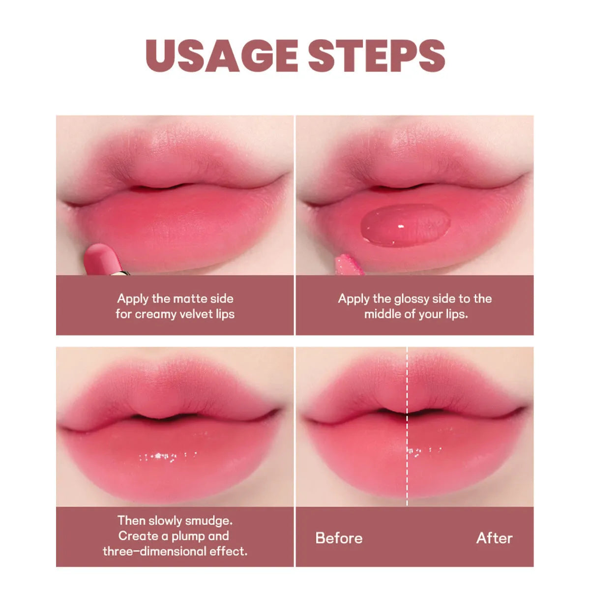 Double-headed lipstick lip gloss with matte finish showing 10 colour options