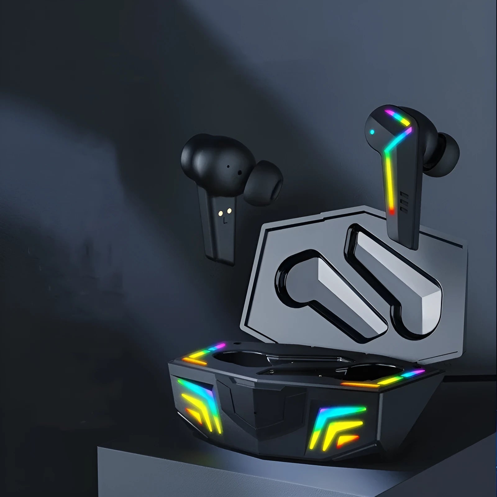 Small black TWS Bluetooth sports headset with low-latency gaming features.