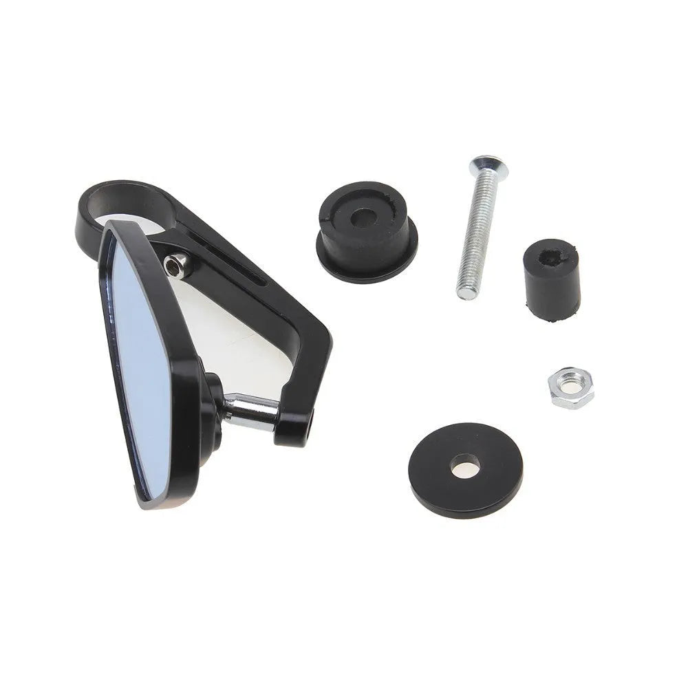 Pair of diamond-shaped aluminium motorcycle rearview mirrors with blue heslan glass on black plug fittings