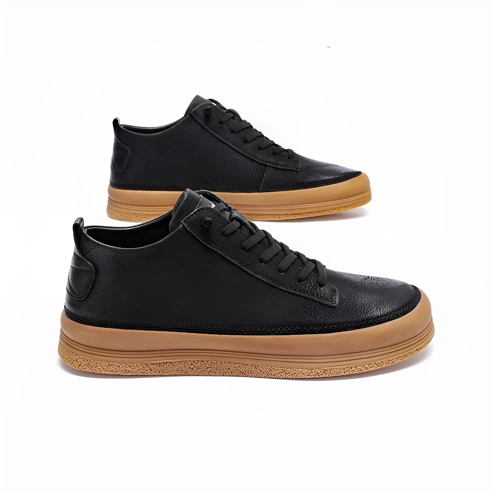 Men's black leather lace-up casual shoes with a round toe and flat rubber sole.