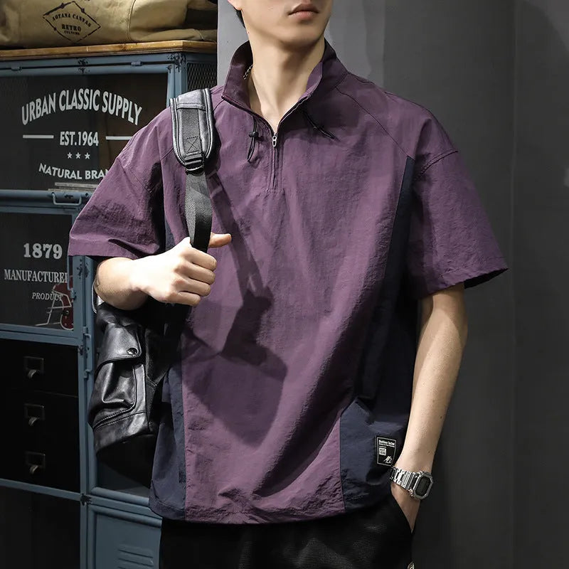 Brown men's short sleeve shirt with half-zip stand collar, made from ice silk fabric.
