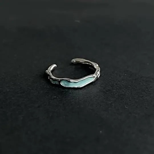 Adjustable navy blue enamel couple ring in copper with geometric texture and split ring design