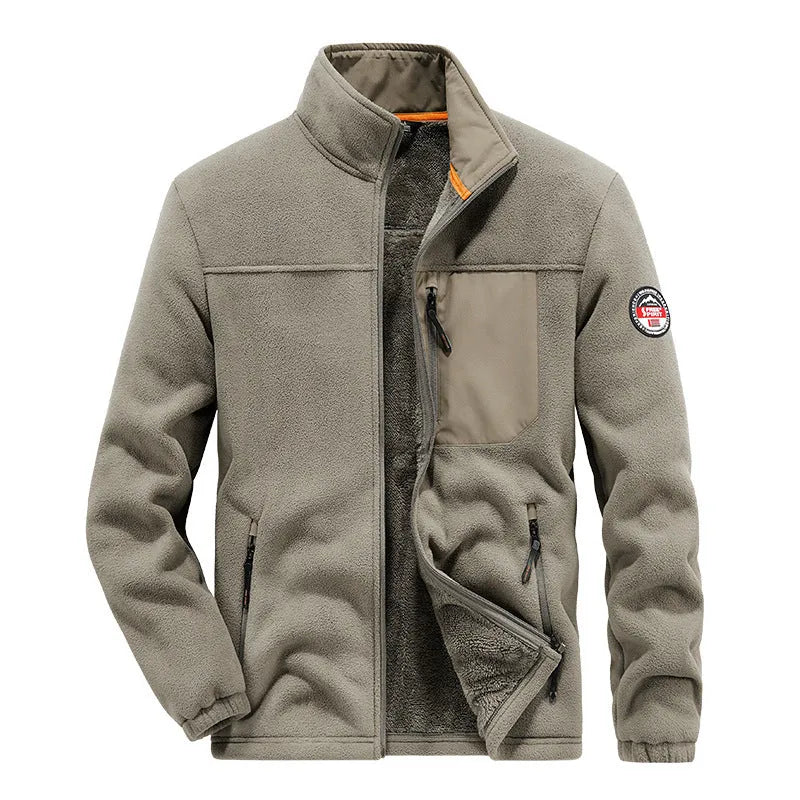 Men's solid colour thickened fleece cardigan jacket with zip pockets