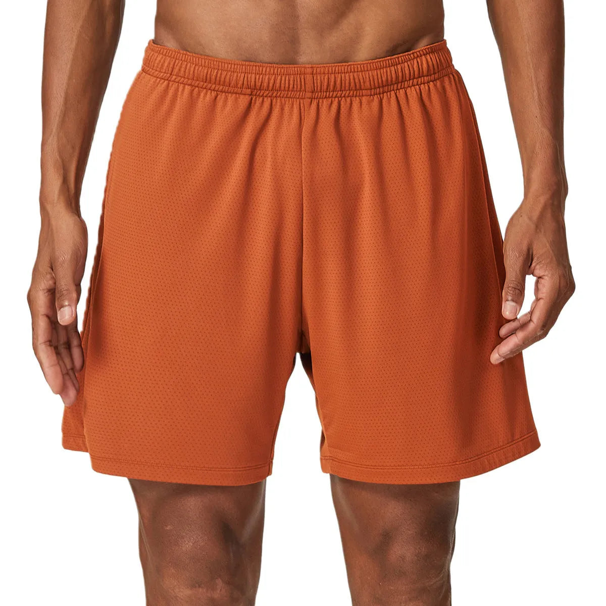 Men's sky blue double-layer running shorts with mid-waist fit and inner lining laid flat.