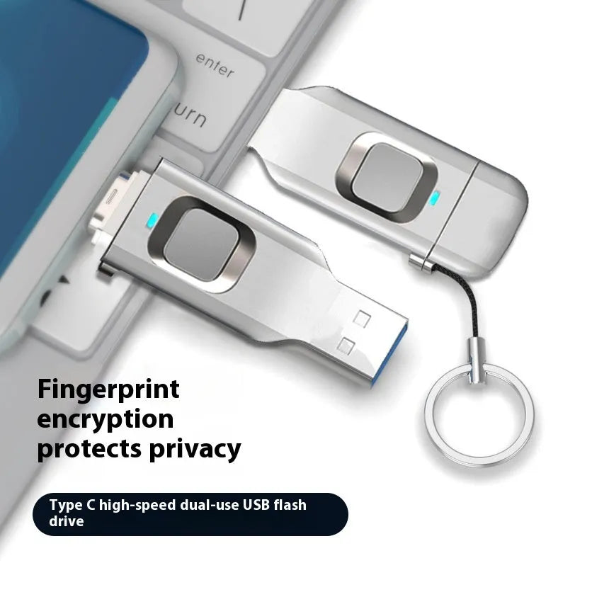 Black metal fingerprint USB flash drive with USB 3.0 and USB-C connectors for encrypted data storage