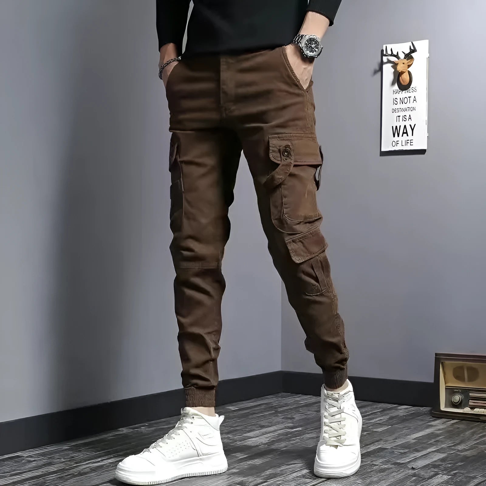 Men's slim fit elastic waist denim work pants in coffee colour, cotton fabric, nine tenths length