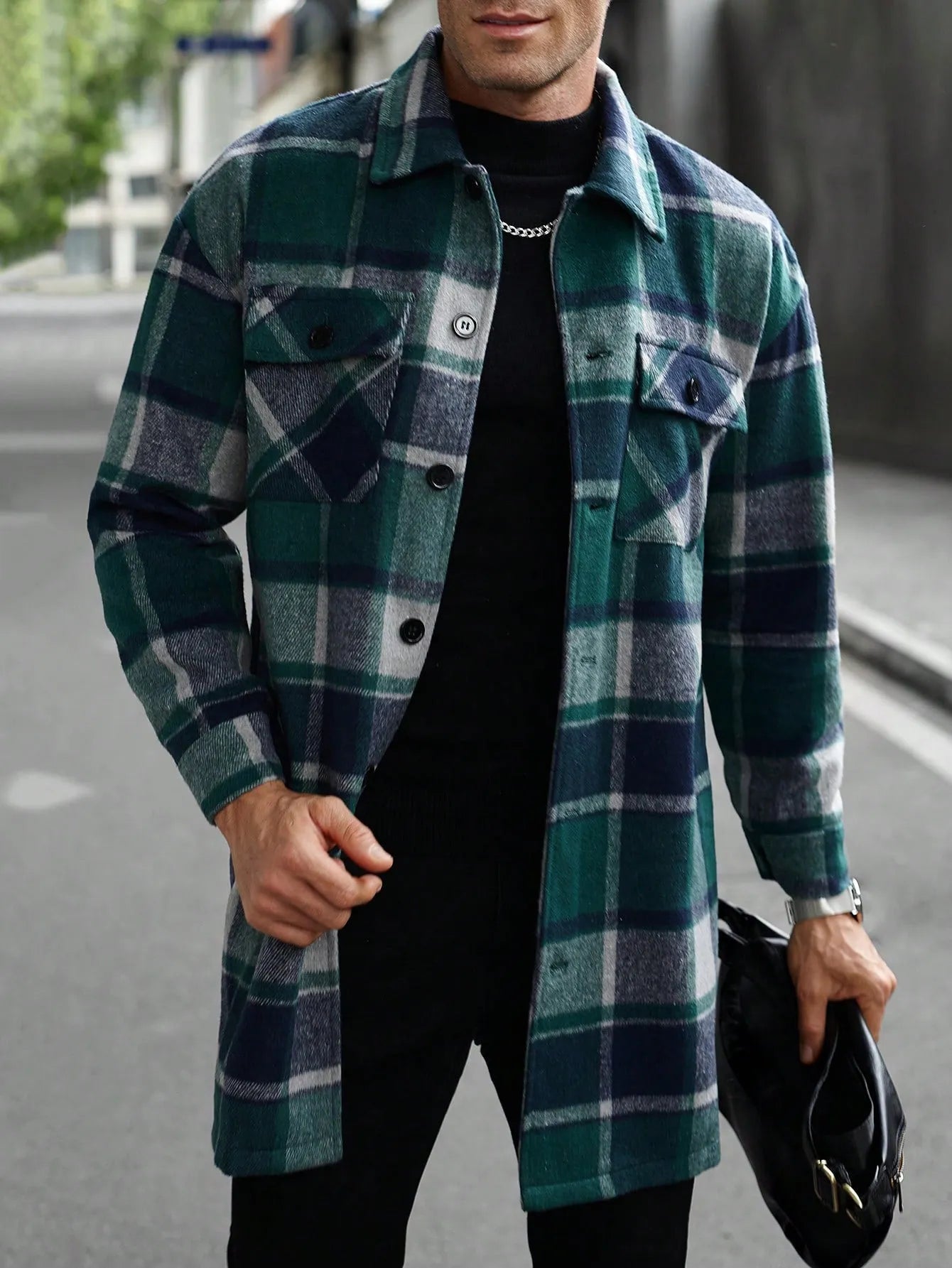 Men's long casual button shirt jacket grid pattern slim fit with double 3D patch pockets in five colours S-XXL