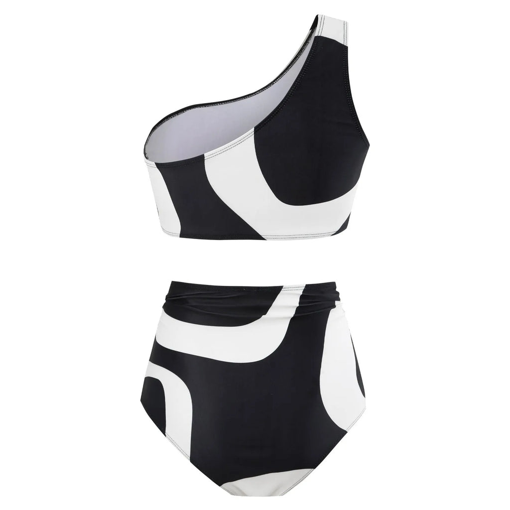 Black one-shoulder two-piece swimsuit with briefs and wrap skirt, sizes S-XL, nylon fabric.