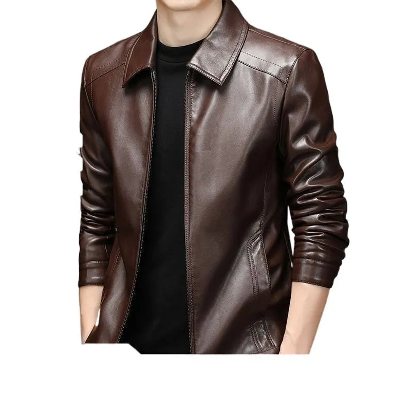 Genuine leather jacket with thin fleece lining in brown colour-block lapel design for men