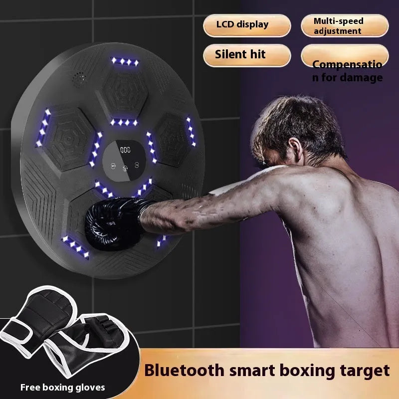 Smart music-reactive boxing punch target mounted on a wall, shown in orange with matching gloves.