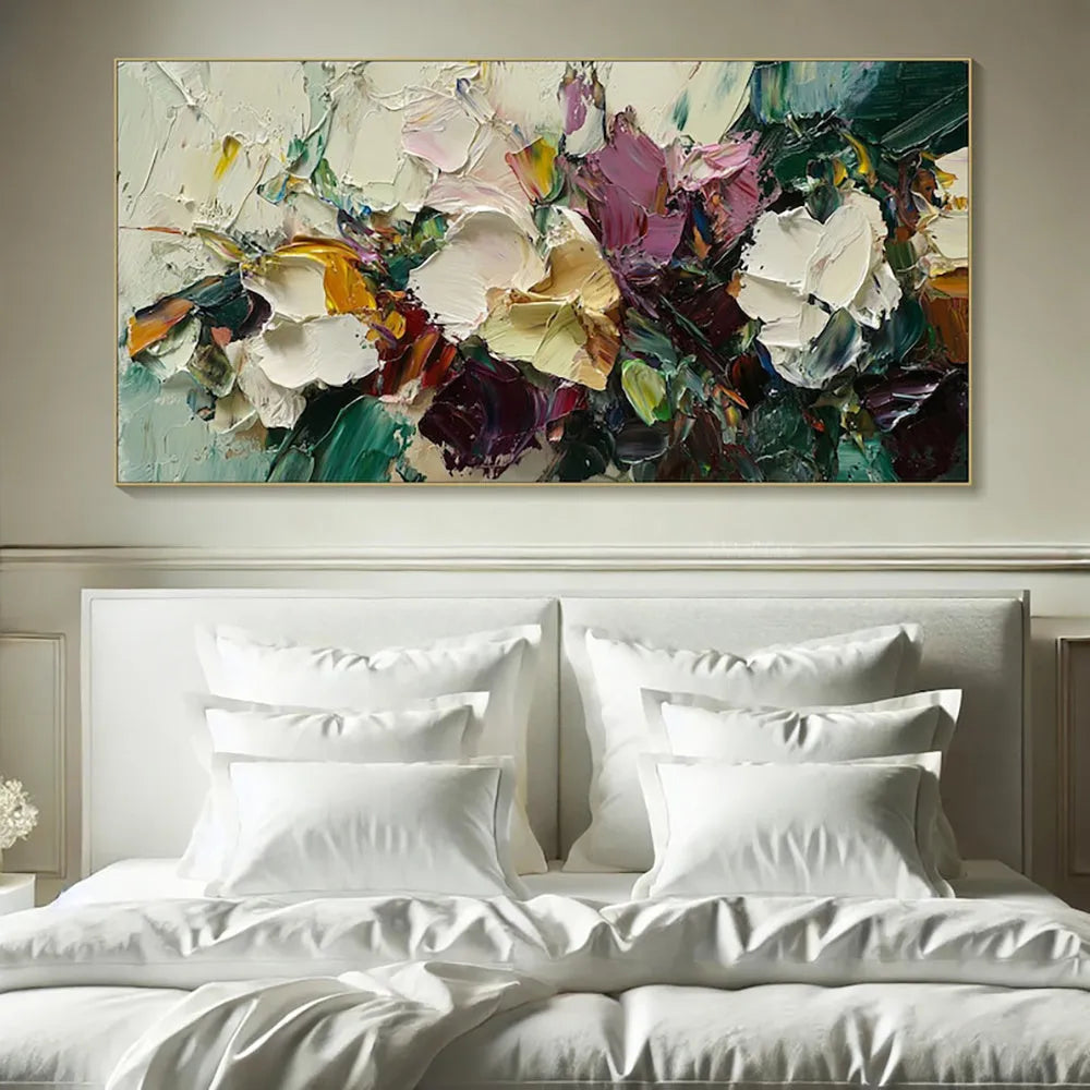 Hand-painted flowers oil painting on canvas, unframed horizontal wall art for home decor
