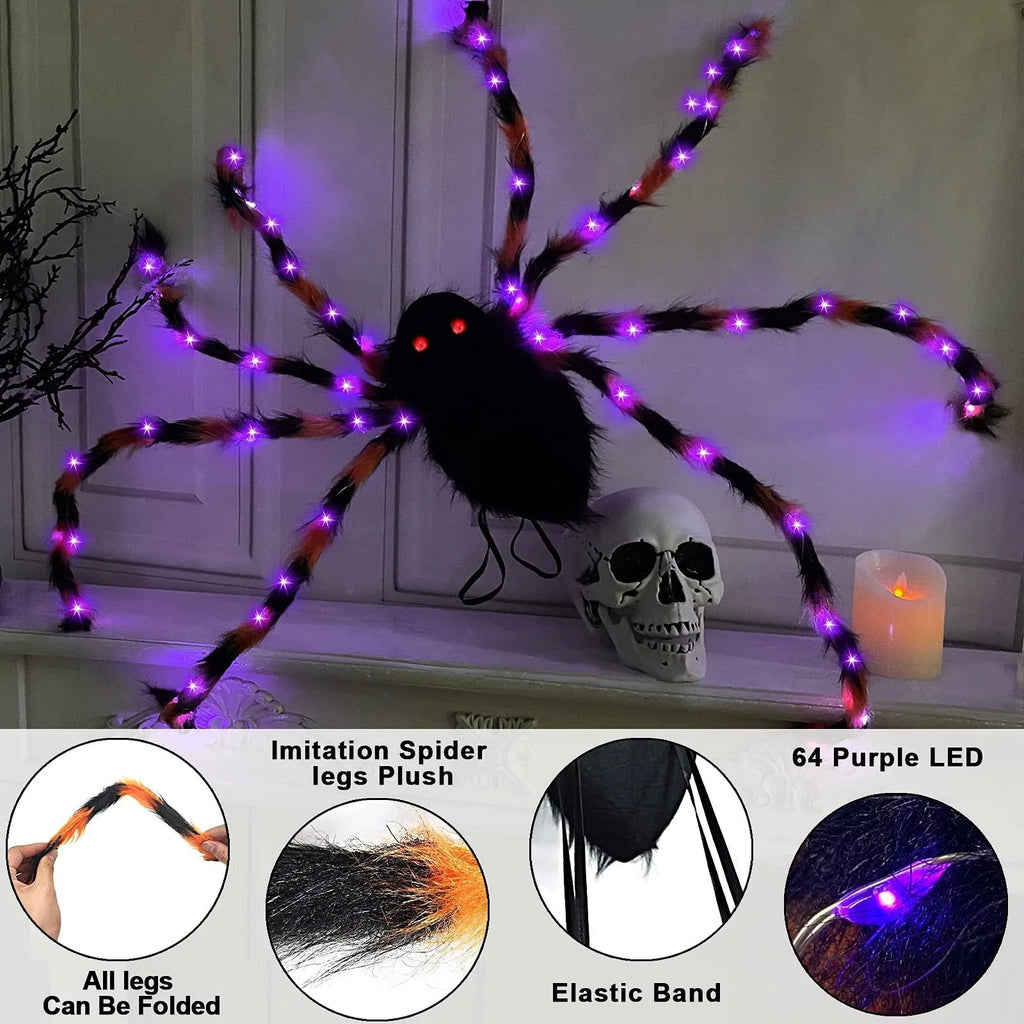Orange plush Halloween spider backpack with purple LED lights lit up, showing the candy bag design.