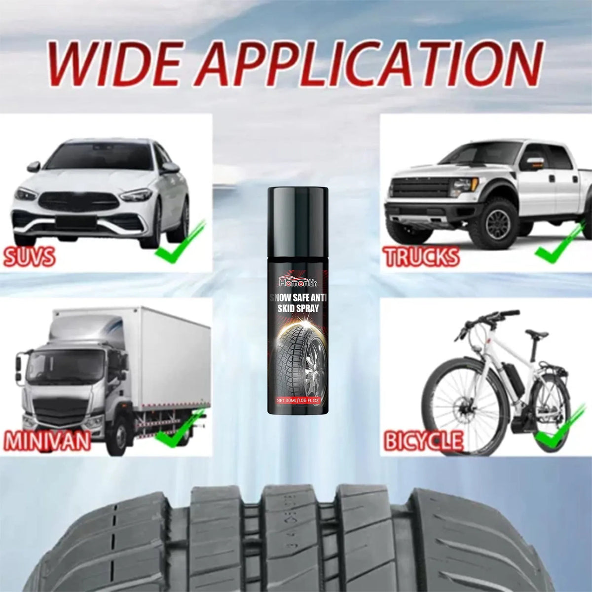 30ml car tyre anti-skid spray bottle, 2.8 x 2.8 x 10.5cm, with silica gel and anti-freeze formula