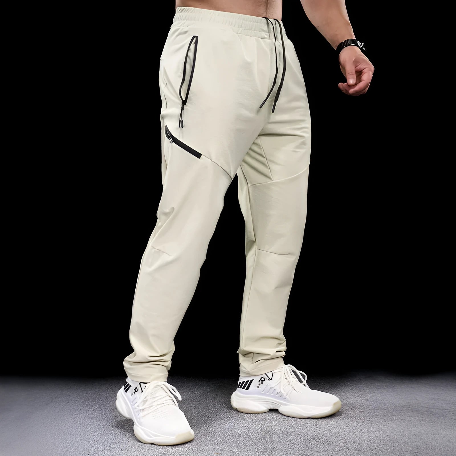 Men's waterproof quick-drying workout trousers in nylon available in Army Green, Black, Dark Gray, Khaki, and Beige colours
