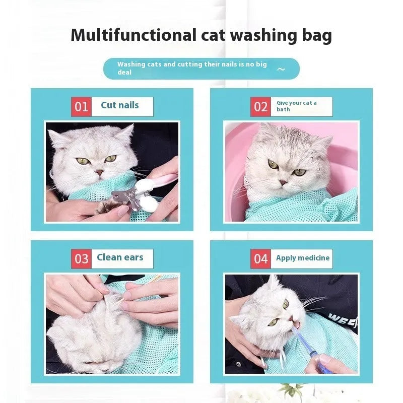 Fifth-generation cat grooming bag with scratch-resistant design in grey and white colour