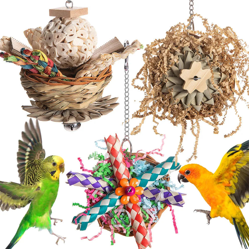 Natural wooden bird chew toy with cotton rope elements for parrots and small birds