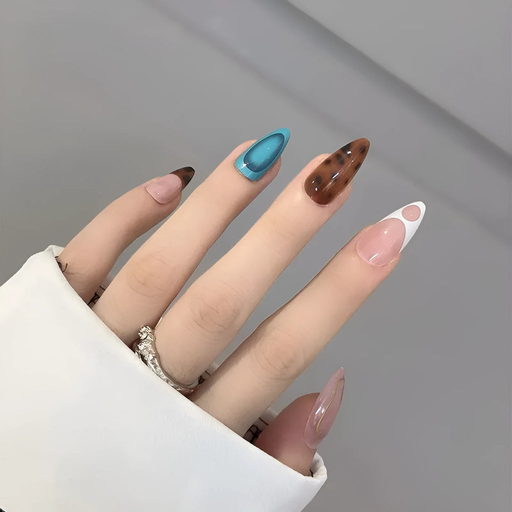 Blue and green leopard print wearable armour fake nails set, detachable plastic nails for ladies, W1734