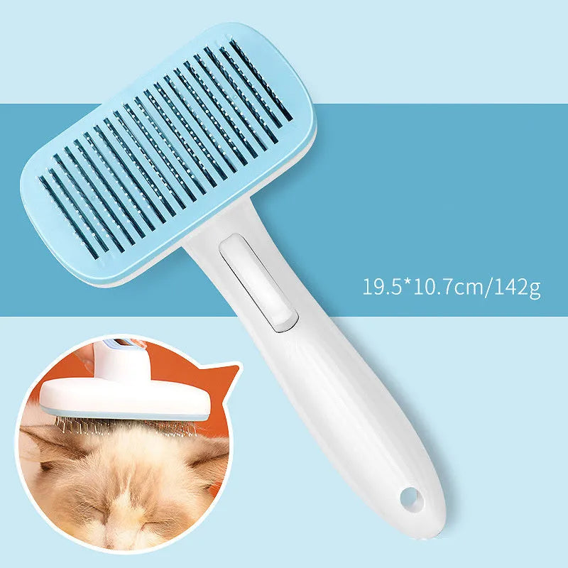 Blue automatic hair removal comb for pets on a white background, showing its 10.7cm by 19.5cm size.