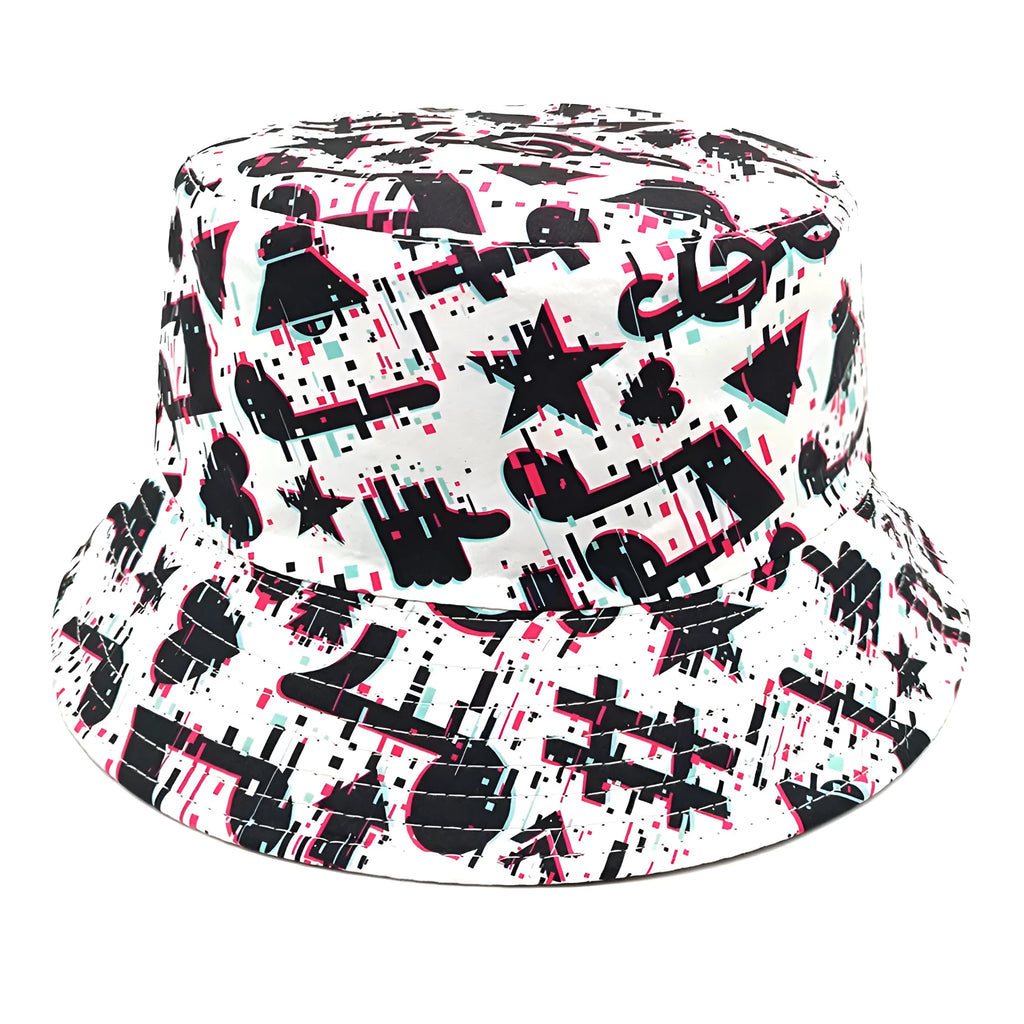 White bucket hat with black musical note pattern print, dome crown, and medium size label.
