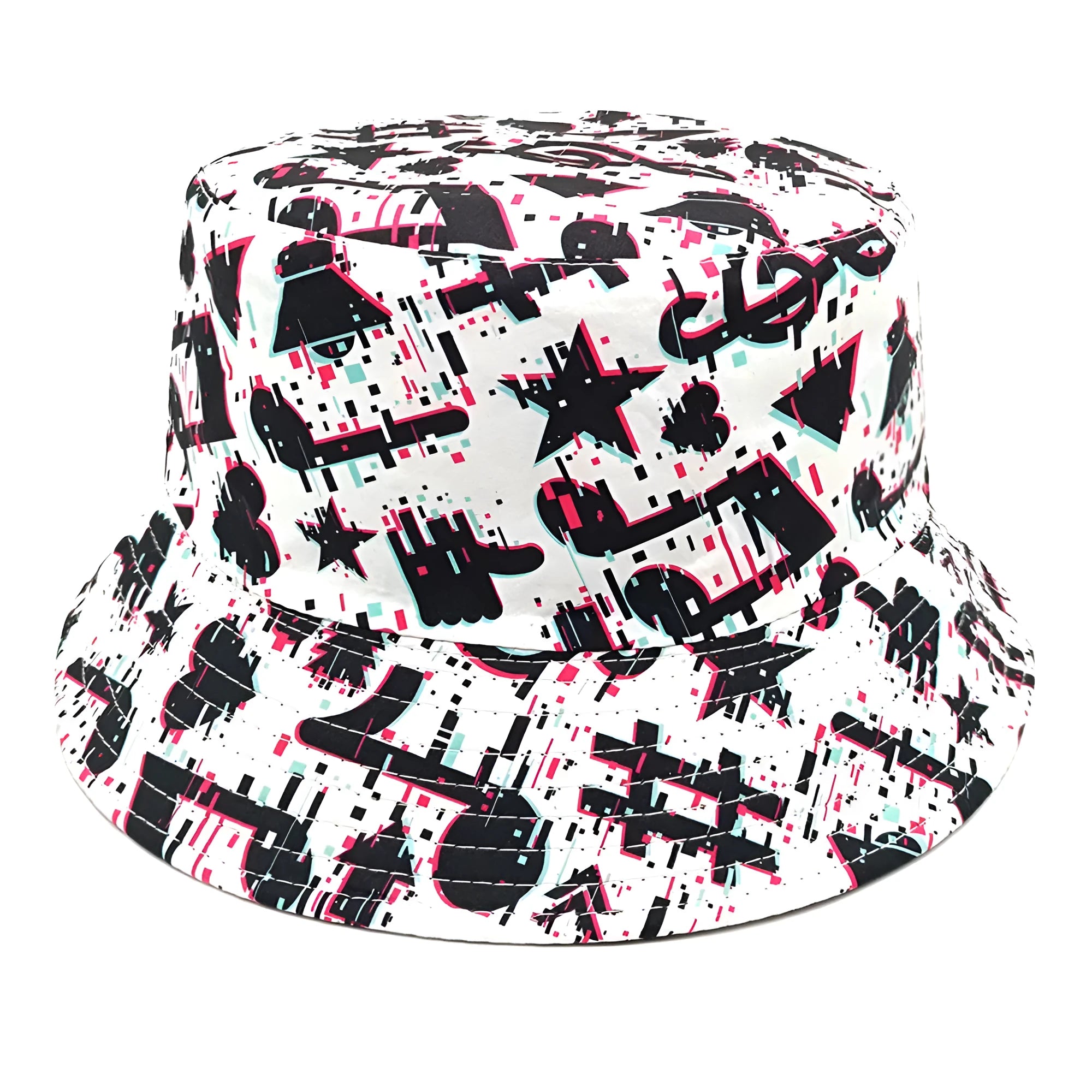 White bucket hat with black musical note pattern print, dome crown, and medium size label.