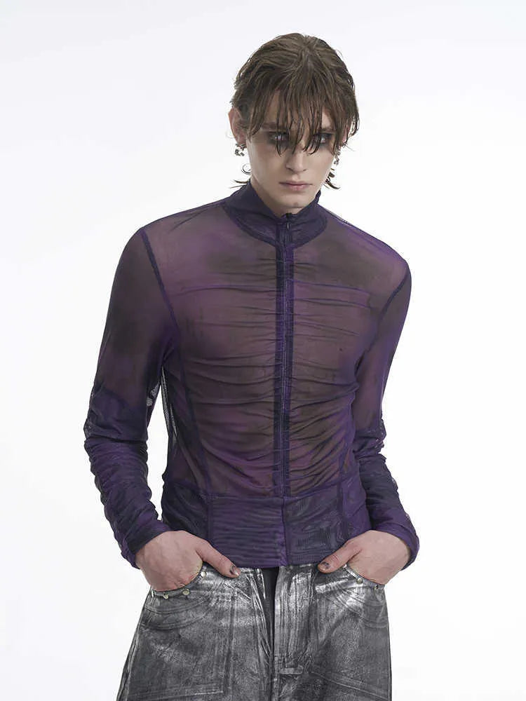 Men's half turtleneck mesh long-sleeved bottoming T-shirt with zipper, available in black red and black gray, sizes M to XXL.