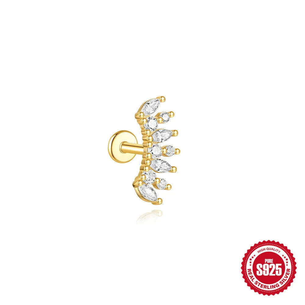 Geometric water drop shaped S925 sterling silver earrings with a flat spiral puncture back, in a gold electroplated finish.