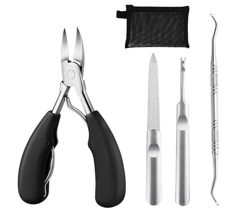 Stainless steel nail clippers and dead skin scissors with red, blue, and black ABS plastic handles