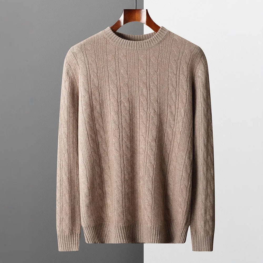 Men's double-strand thickened jacquard knitted sweater in raw velvet camel, loose fit pullover with long sleeves and textured knit pattern.