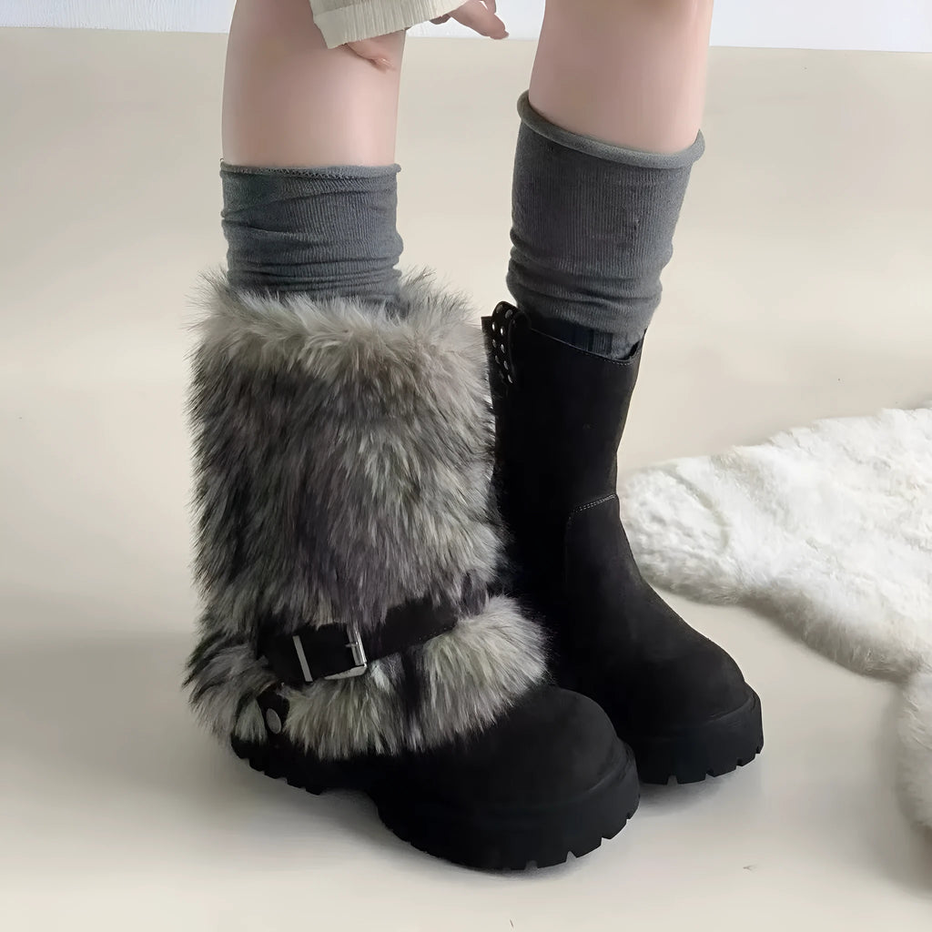 Women's mid-calf snow boots with faux plush lining, anti-slip rubber sole and slip-on design in beige