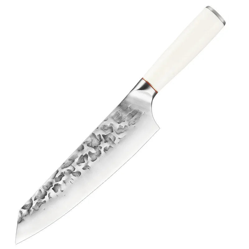 Hand-forged stainless steel kitchen knife set with 7 blades on a wooden cutting board